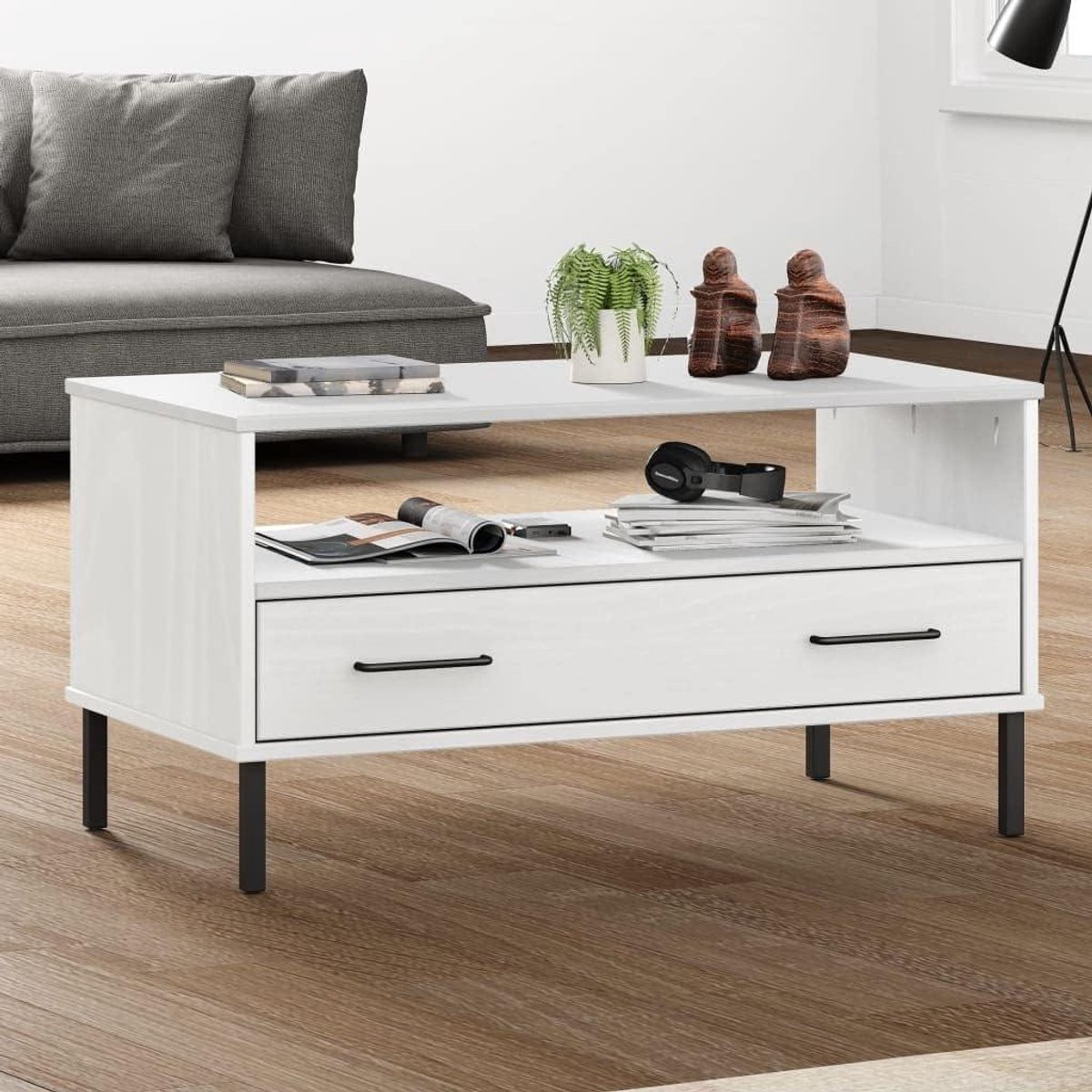 Salontafel Oslo - Bijzettafel Woonkamer - Woonkamer Inrichten - Massief Grenenhout - 85 x 50 x 45 cm - Wit