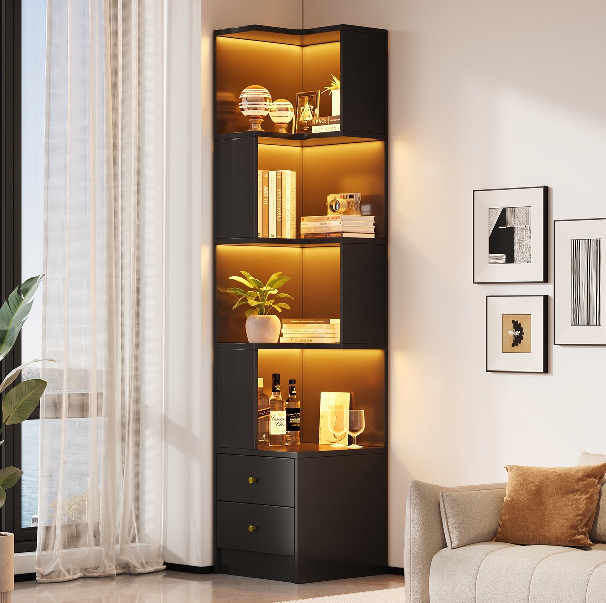 OKWISH Hoekkast Boekenkast - L-vormig Hoekrek met Ledverlichting en 2 Lades - 45 x 43,5 x 180 cm - MDF Zwart voor Woonkamer of Kantoor