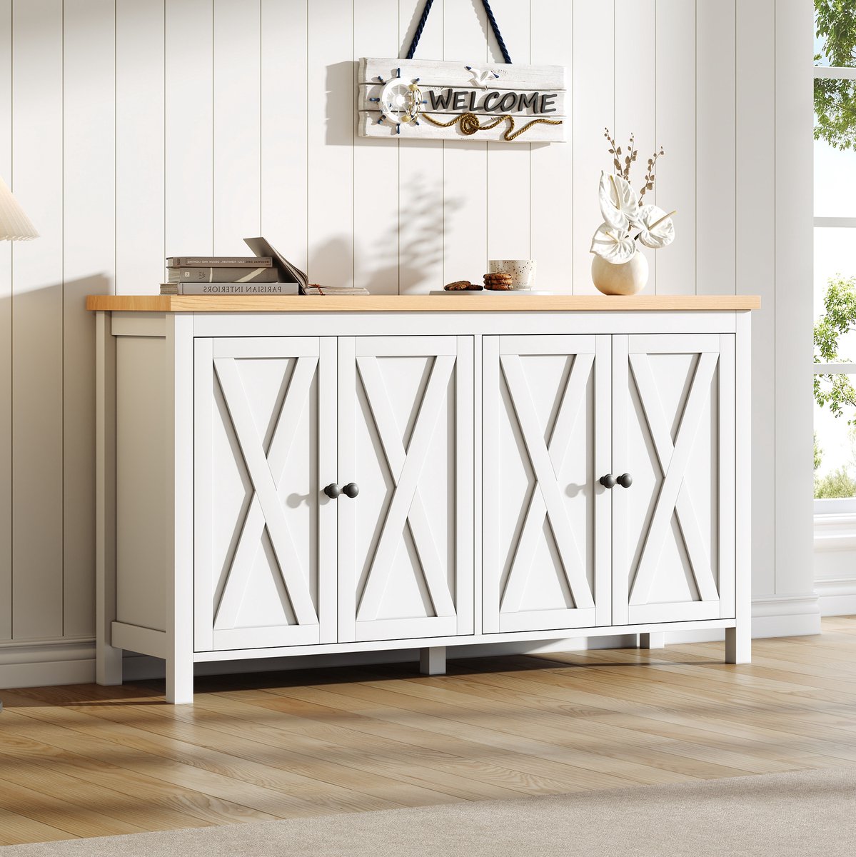 OKWISH Dressoir - 140 x 40 x 78 cm - 4 Deuren - 4 Opbergvakken Met Verstelbare Planken - Voor Woonkamer Of Hal - MDF Wit