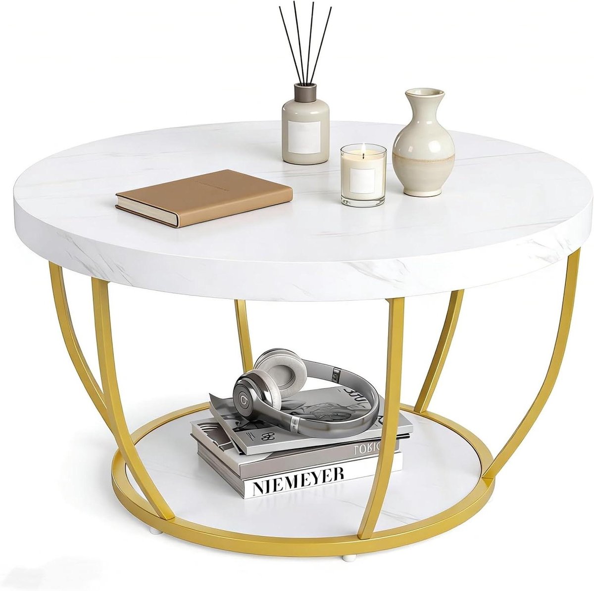 Ronde salontafel - Bijzettafel marmerlook - Woonkamer decoreren - Met 2 opbergplanken - Ø 80 x 45 cm - Wit goud