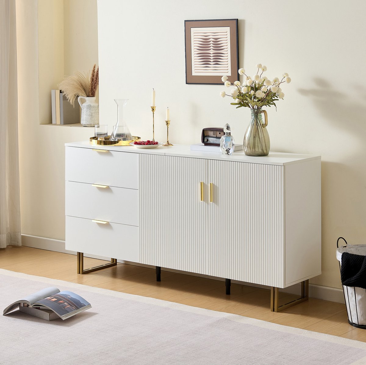 OKWISH Dressoir - 160 x 40 x 81,5 cm - 2 Deuren En 3 Lades - Veel Opbergruimte Voor Woonkamer Of Eetkamer - MDF Wit