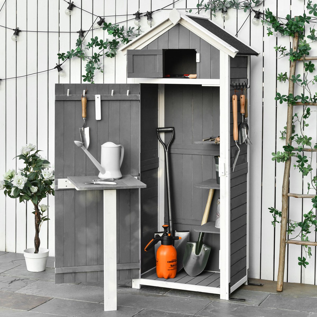 MIVRAY Opbergkast – 78 x 52,5 x 182 cm – Met Klaptafel En Afsluitbare Deur – Hout – Donkergrijs – Voor Tuinopslag Met Schuin Dak