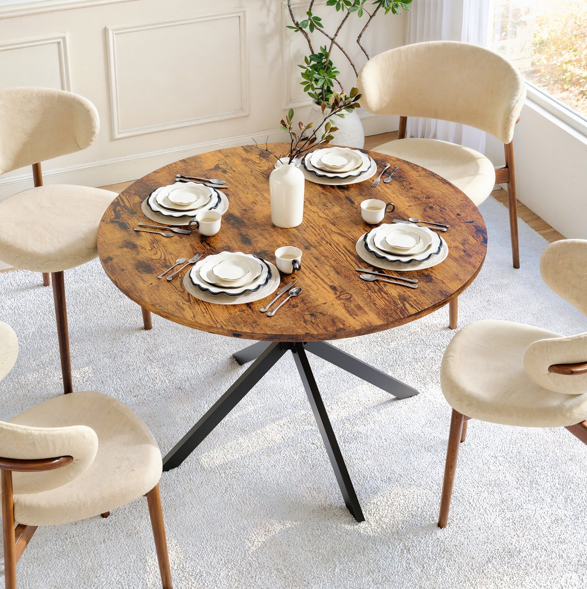 STILVORA Eettafel - Ronde Tafel Met Industrieel Design En X-Poten - Voor Eetkamer Keuken En Woonkamer - Bruin Zwart - 120x76 Cm