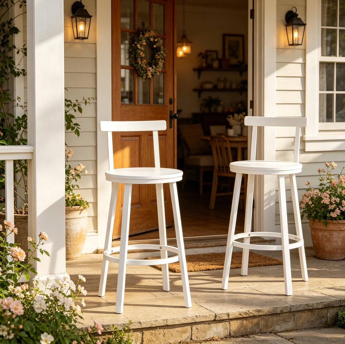 OKWISH Barkruk - Set Van 2 Met Gebogen Rugleuning En Voetring - Compact Voor Keukeneiland, Bar Of Eethoek - MDF En Metaal - Wit