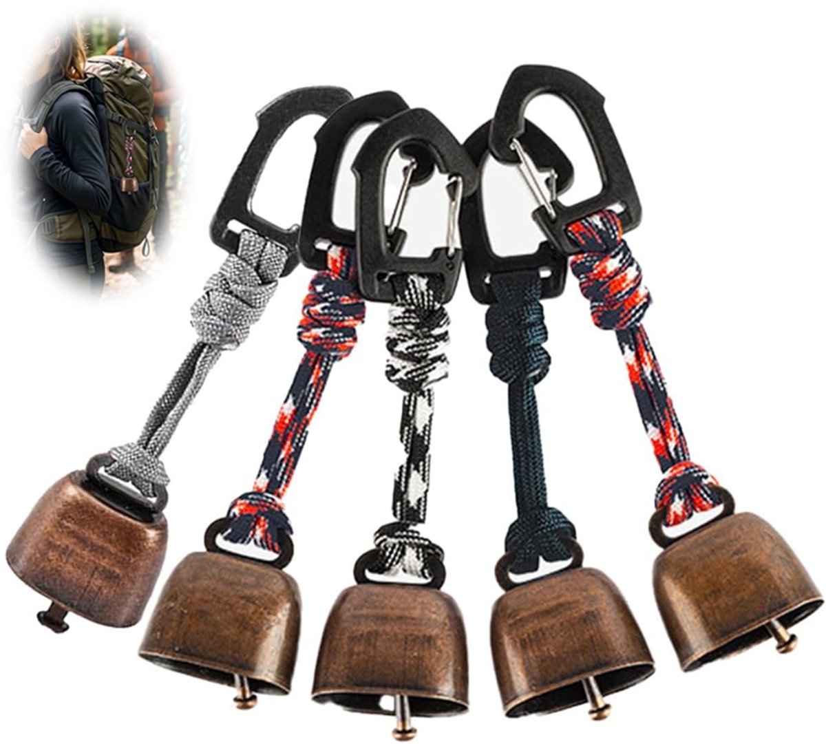 OUYLAF 5 stuks - Vintage bronzen bel - Dieren Waarschuwingsbel - Berenbel wandelen - Wandelbel met karabijnhaak - Berenbel met paracord koord - Karabijnhaak bel voor kamperen