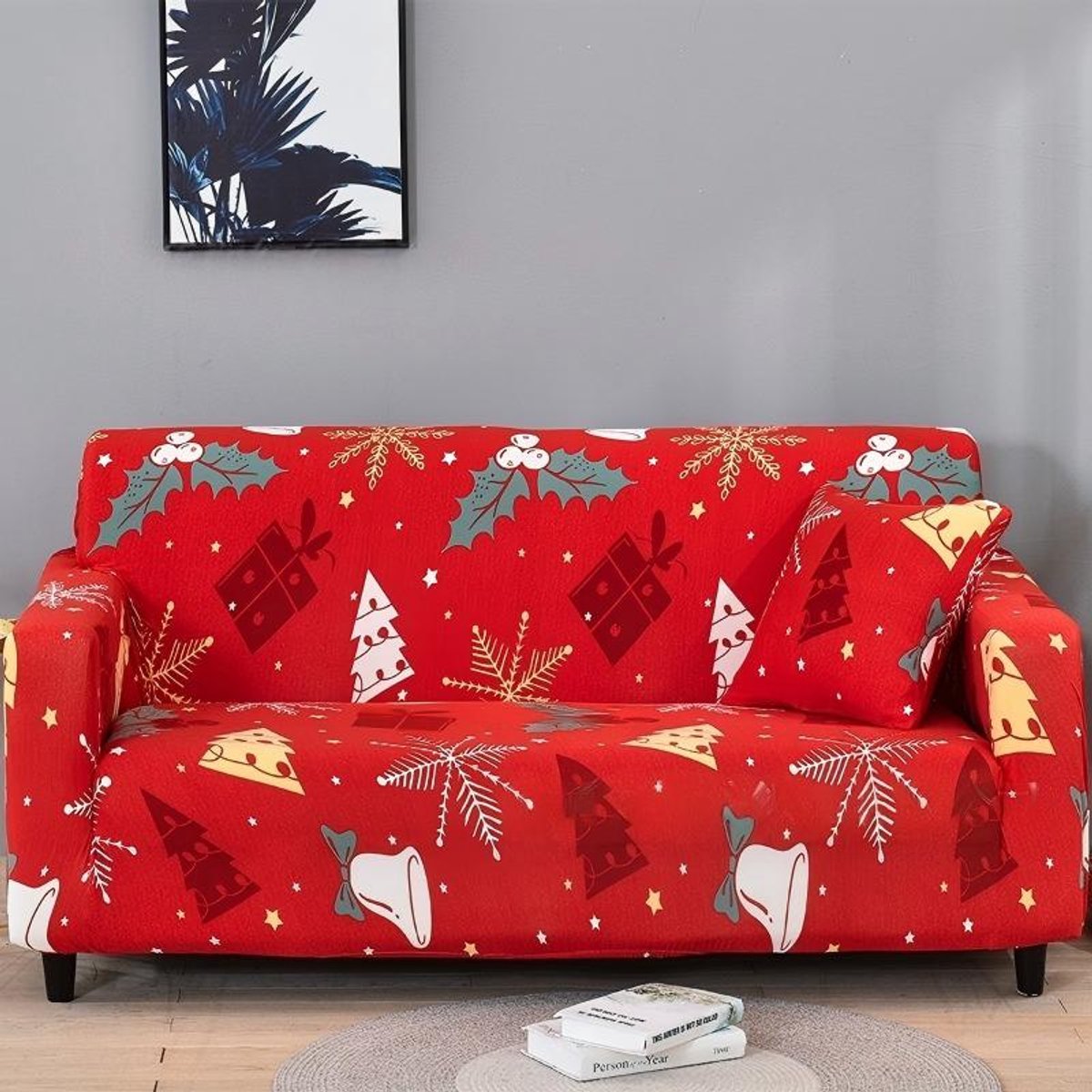 Kerst Bankhoes – Elastische Stretch Bankovertrek – Antislip & Wasbaar – Volledige Bescherming – Kerstcadeau Print – Rood – Voor 2-Zits Bank – 145–185 cm – 1 Stuk