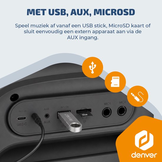 Denver Bluetooth Speaker Party box - Discolichten - Partyspeaker incl. draadloze microfoon & afstandsbediening - Luidspreker - 8" woofer - BPS270 van Denver — afbeelding 4