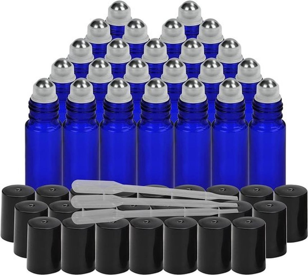 - Glazen Roller Flesjes Met Druppelaar - Navulbaar - Kobalt Blauw - Etherische Olie - Arom