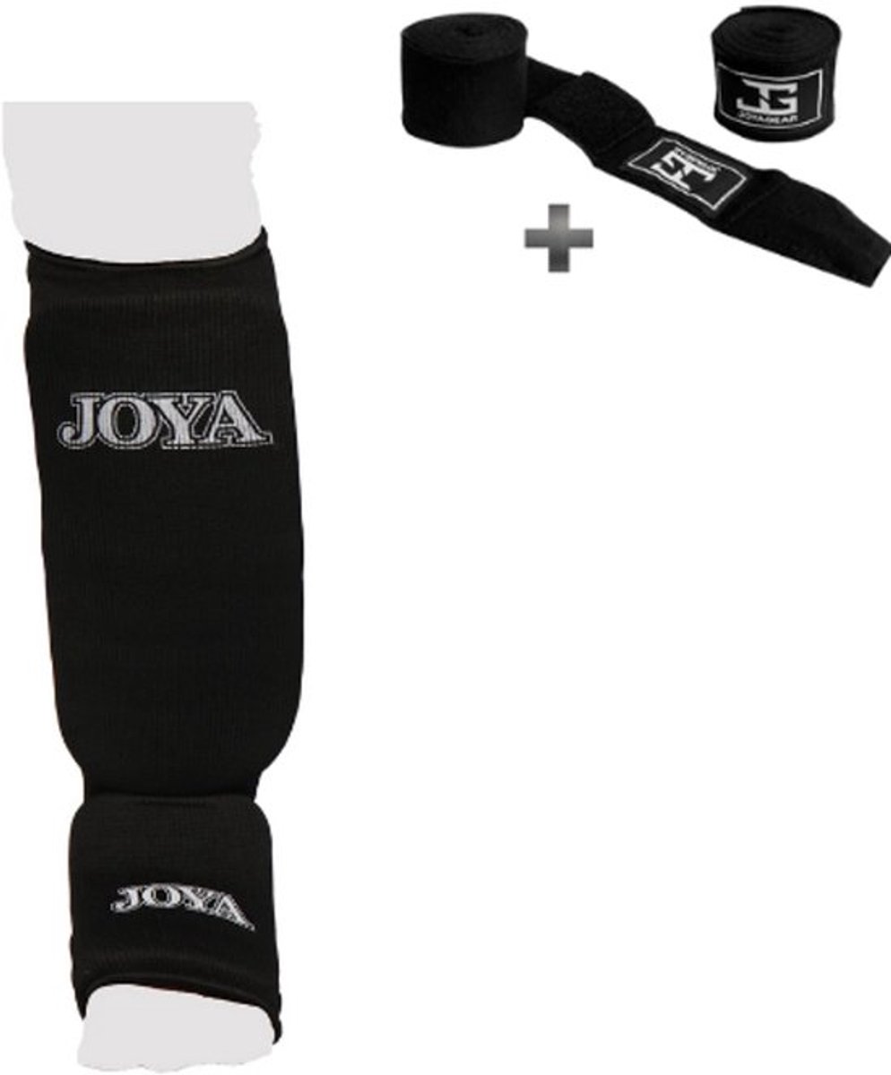 Joyagear Scheenbeschermer Kickboksen/Muay Thai – Inschuif Elastisch Katoen – Zwart – Maat S – incl. Bandage