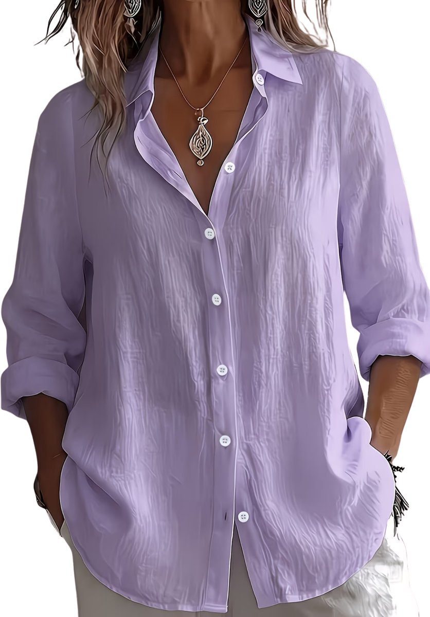 Currero Linnen Blouse Dames T-Shirt Polo Overhemd Shirt Zomer Ibiza Stijl Paars