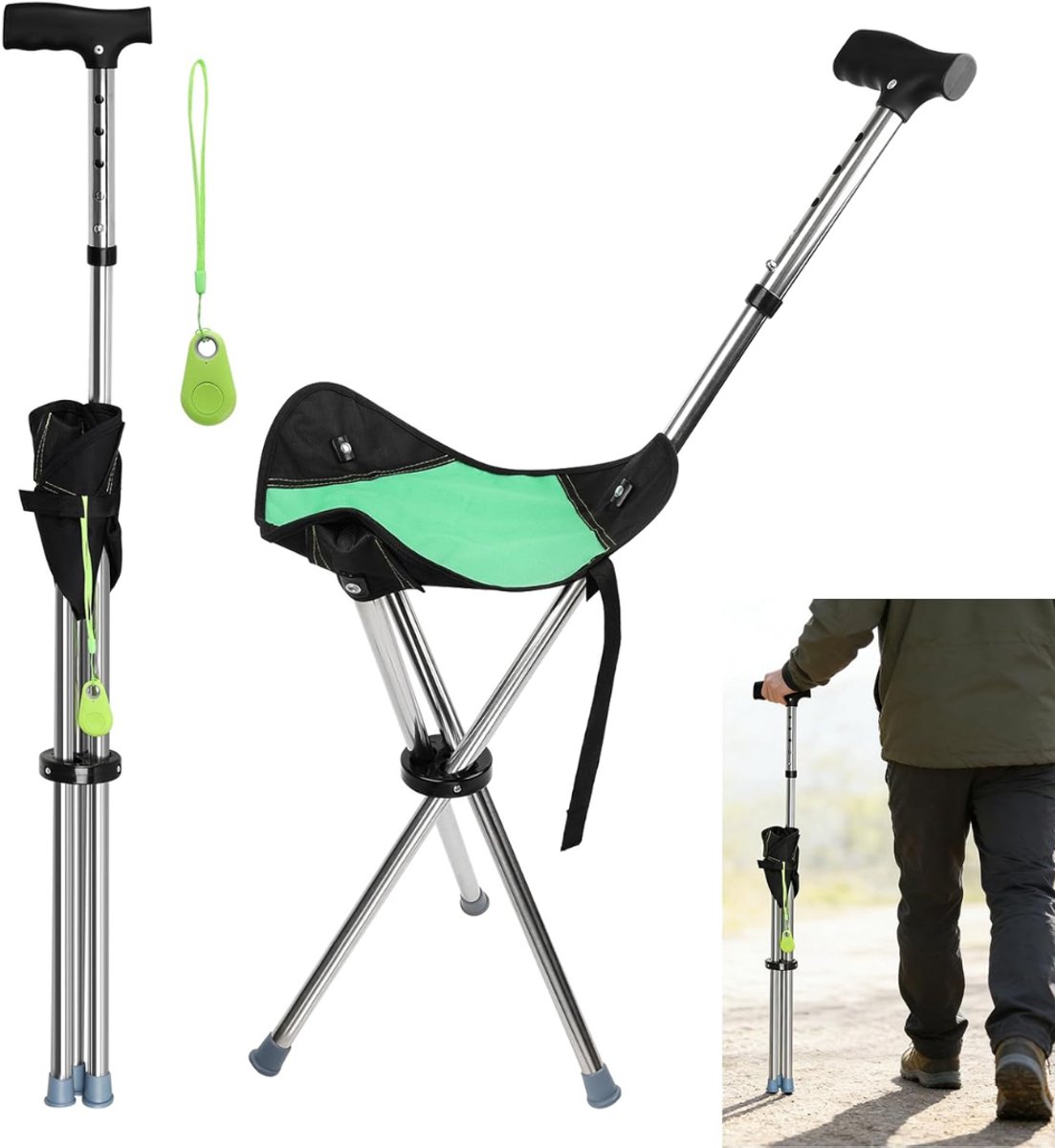 CLVP® Wandelstok met Zitje - Opvouwbare Stoel - Rustmomenten Onderweg - Zwart met groen