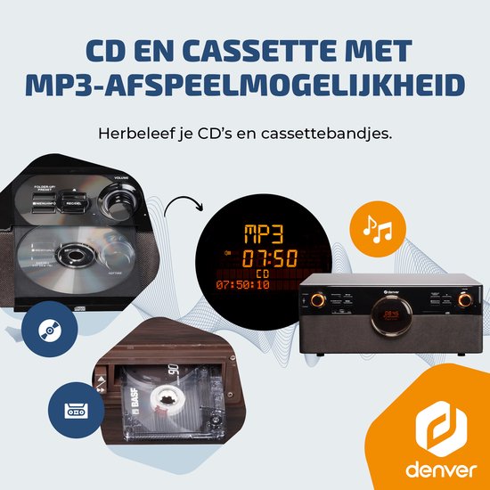 Denver Retro Platenspeler - DAB+/FM Radio - CD - Cassette - Bluetooth - Auto stop - MRD180 - Darkwood — afbeelding 3