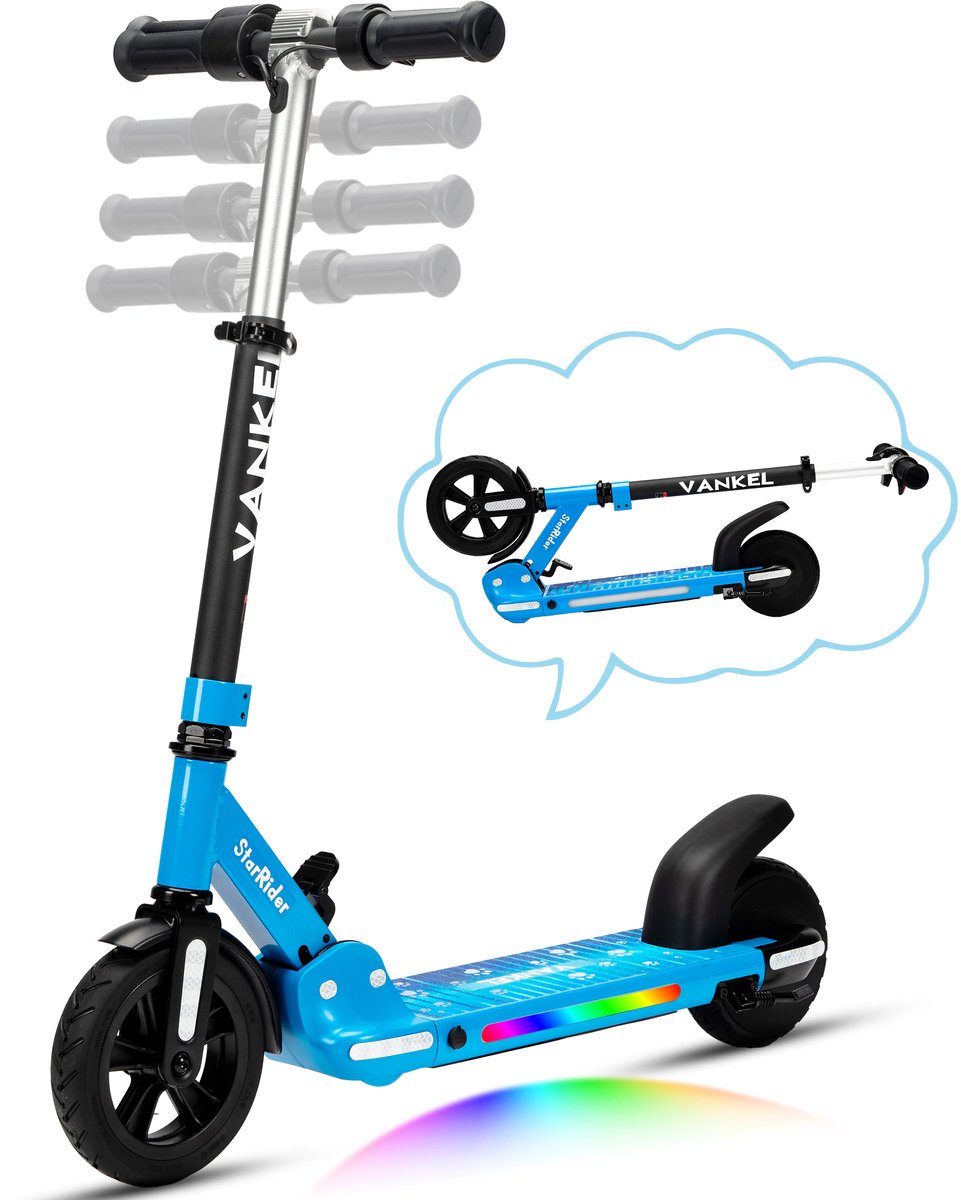 Vankel elektrische kinderstep – verstelbare kinderstep met 4 hoogtestanden – 80W veilige motor – 6,5 kg lichtgewicht design – 6 inch massieve banden – LED verlichting – geschikt vanaf 6 jaar – blauw
