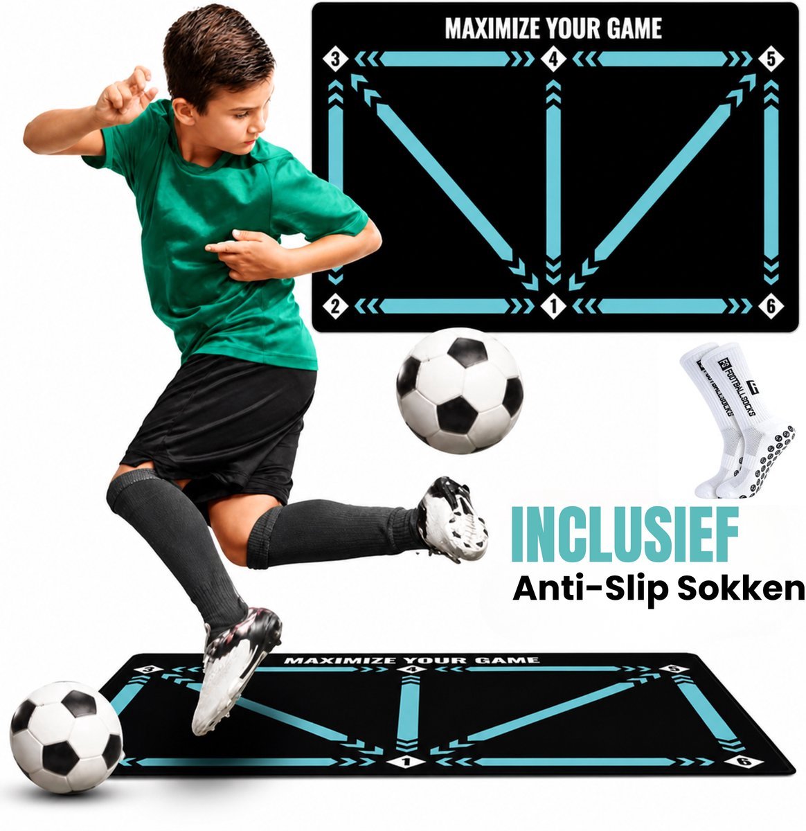 Voetbal Trainingsmat met Anti-Slip Sokken – 90x60 cm Opvouwbare Dribbelmat voor Techniek & Balcontrole – Voetbal Trainingsmateriaal voor Kinderen & Volwassenen – Inclusief Gripsokken