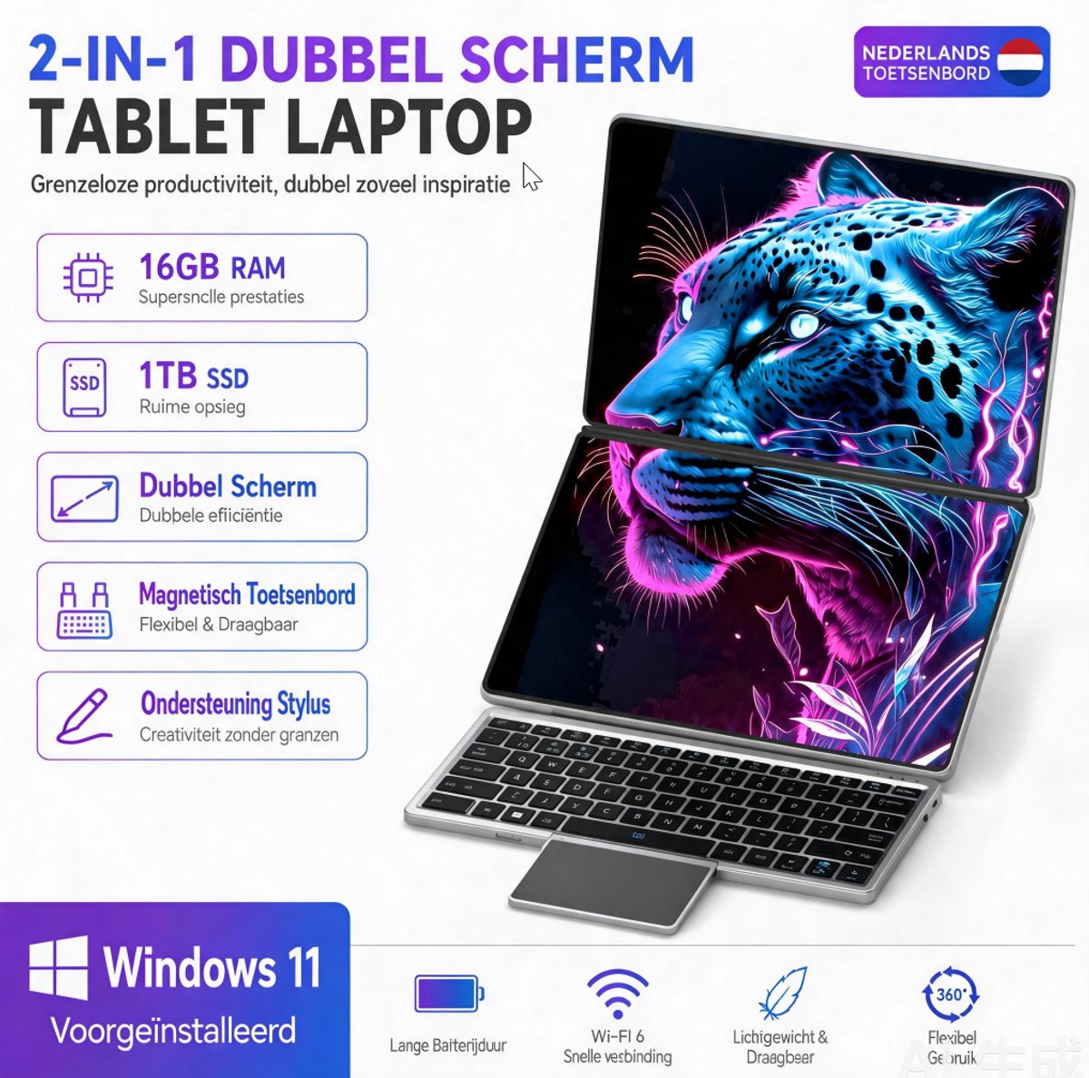 Dual-screen laptop 14 inch – 16GB RAM 1TB SSD – 2-in-1 touchscreen