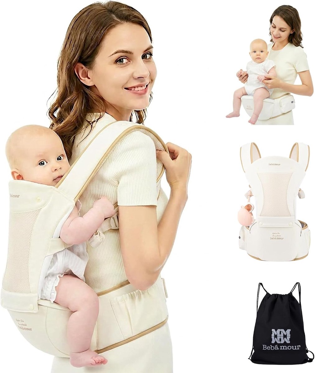Ergonomische Draagzak Baby met Heupzitje - Verstelbare Babydrager voor Pasgeboren Baby tot Peuter 0-36 Maanden - 6 Draagposities, Hoofdkapje, Heupverlenging en 3 Bijtkussentjes - Beige