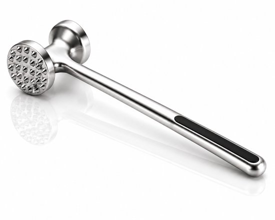 Marteau à viande en inox brillant avec un côté texturé et un côté lisse, avec une bande noire sur le manche.
