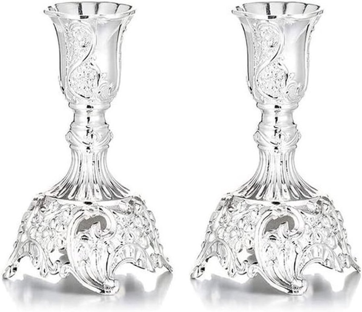 - Kaarshouder - Woondecoratie - Zilver - Versierd - Tafelessentafel - 2 stuks 9,9 cm Shabbat kaarshouder - Taps toelopend, versierd voor Woondecoratie, Kantoor, Bruidstafel, Tafelessay - Zilver.