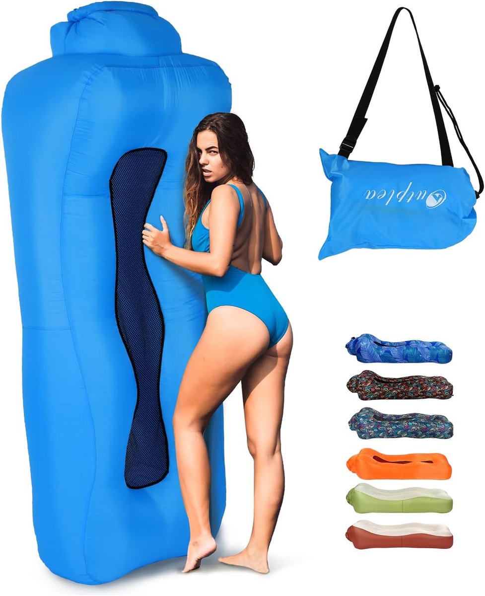 Opblaasbare Ligstoel met Mesh Rugleuning – Draagbare Luchtbank voor Strand, Zwembad, Camping & Reizen – Waterdicht – Blauw