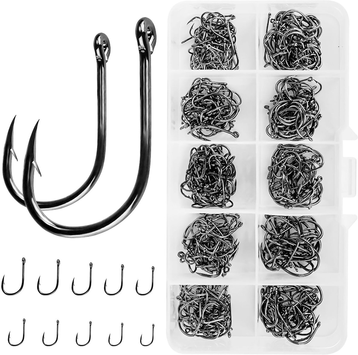 Dailygoods- Vishaken 500 Stuks - Koolstofstaal - Corrosiebestendig - 10 Maten (3#-12#) - Plastic Doos - Voorzien van Weerhaken - Haak