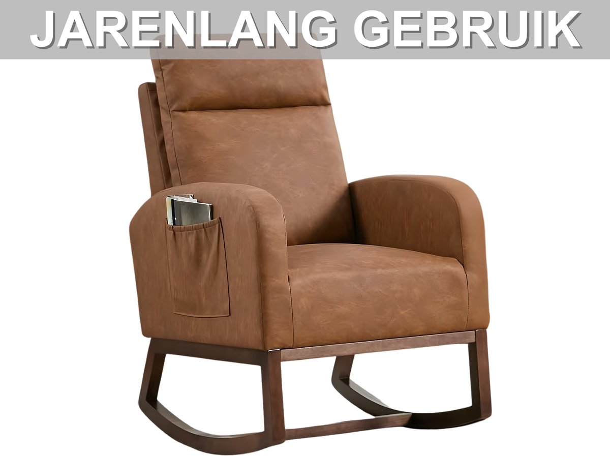 Schommelstoel - Moderne PU lederen glider met hoge rugleuning, ademend design en zijvak - Bruin PU leer kleur, 400x400 cm