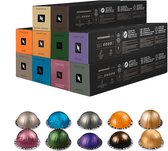 Stapel Nespresso Vertuo dozen en diverse gekleurde koffiecups.