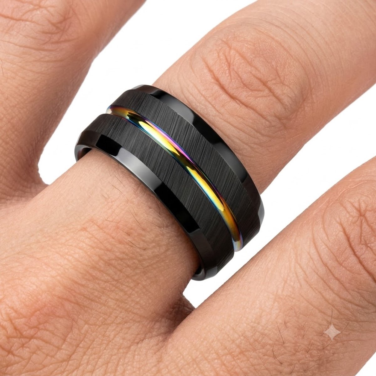 Veelkleurig ring heren trouwring brede bandring zwart geborsteld design met regenboogkleurige groef modern minimalistisch ontwerp maat 9