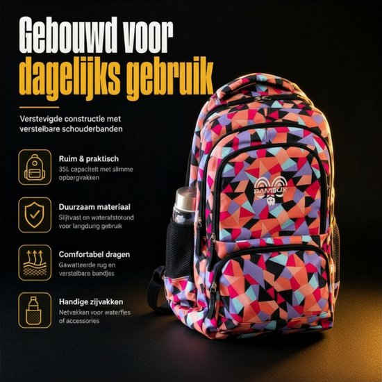 Rugzak met veelkleurig geometrisch patroon, 35L capaciteit, verstevigde constructie, waterafstotend.