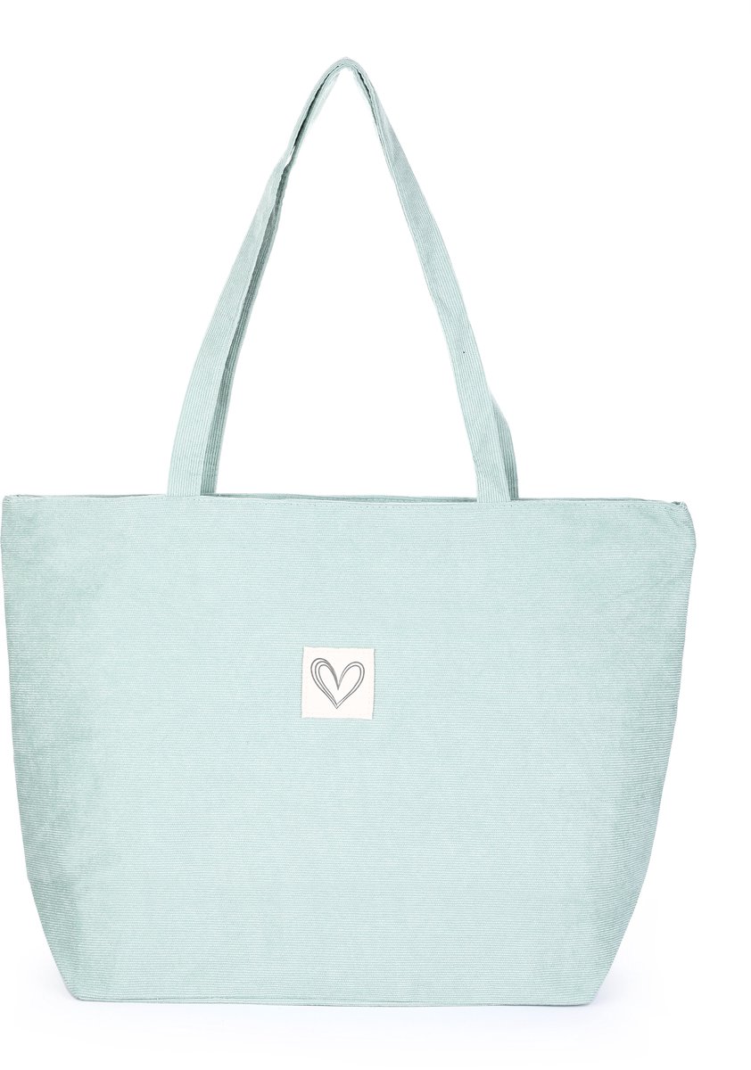 Corduroy Shopper - Ribbelstof Schoudertas met Hartje - Dames - 50x36 cm - Mint