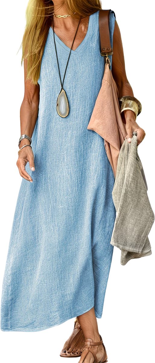Currero Linnen Jurk Dames Blouse Zomer Shirt Jurkjes Voor Dames Ibiza Jurken Hemelsblauw