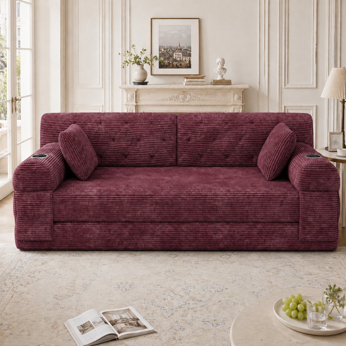 HAUSS SPOLE Slaapbank - 2-Zits Sofa Met Hoge Rugleuning - Met 2 Bekerhouders En 4 Zijvakken - Voor Woonkamer En Kleine Ruimtes - Ribfluweel Wijnrood