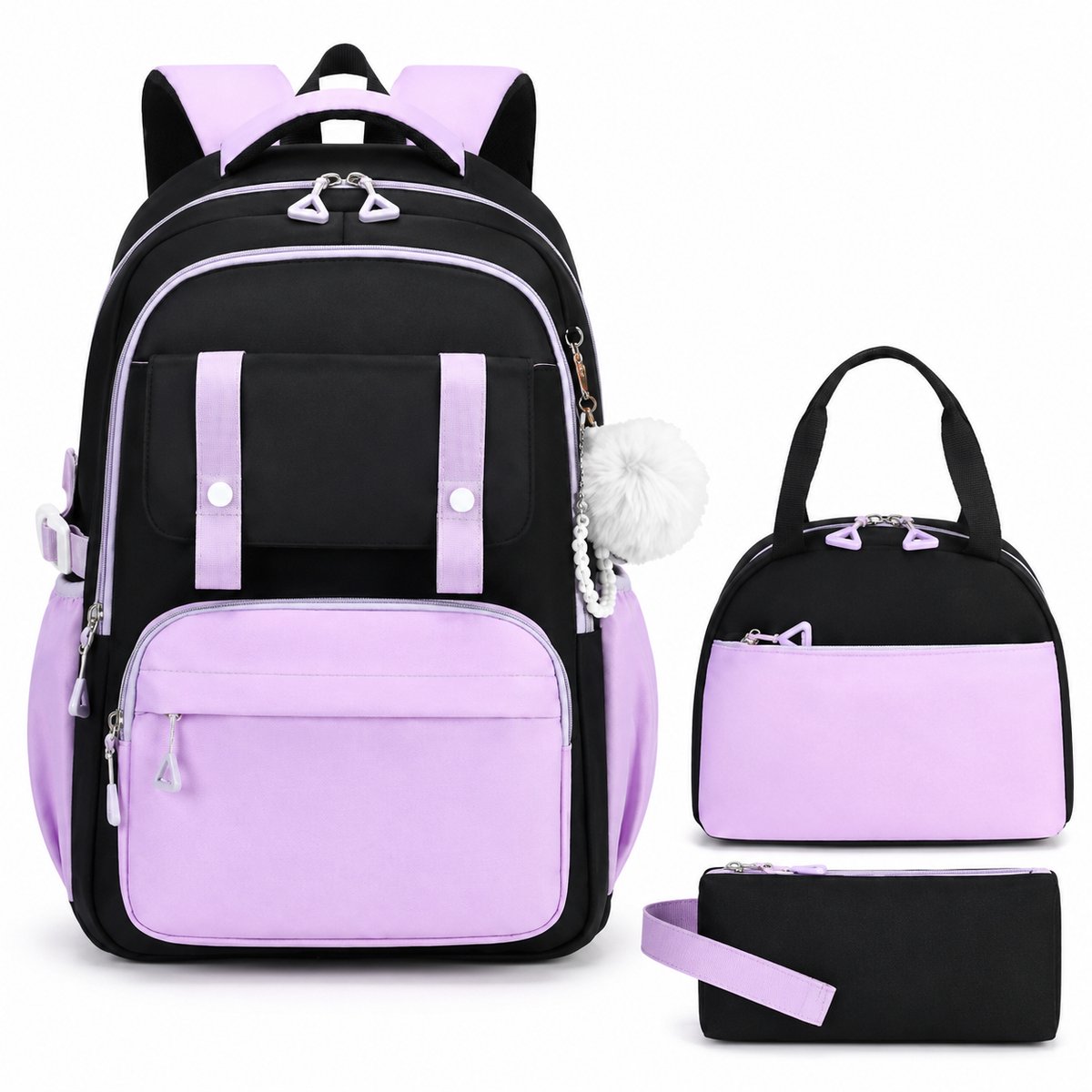 VHV - Schoolrugzak voor meisjes - 3-delige set met geïsoleerde lunchtas en etui - 21L - Zwart