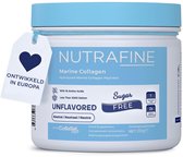 Nutrafine Marine Collagen pot met blauw deksel en een hartvormig label 'Ontwikkeld in Europa'.
