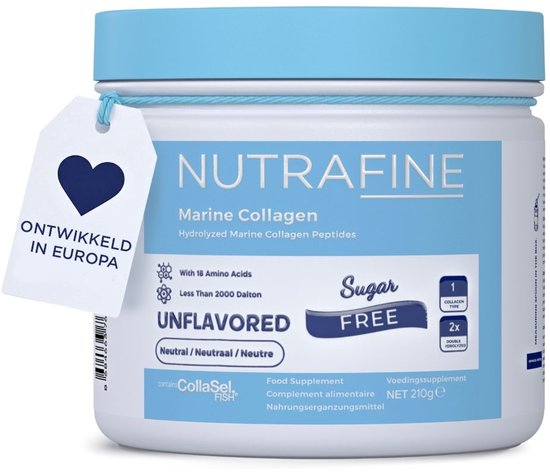 Nutrafine Marine Collagen pot met blauw deksel en een hartvormig label 'Ontwikkeld in Europa'.