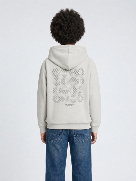 Achterkant van een jongen in een lichtgrijze hoodie met grafische print en Petrol Industries-tekst.