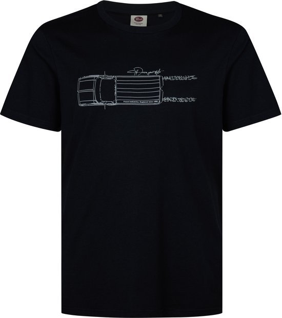 Zwart T-shirt met schematische tekening van een vrachtwagen en tekst.
