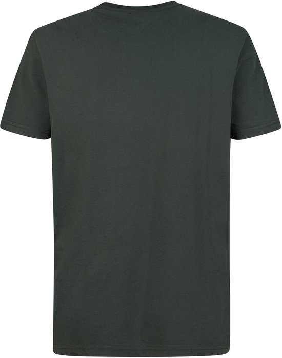 Donkergroen T-shirt, achterkant zichtbaar. Zonder model.