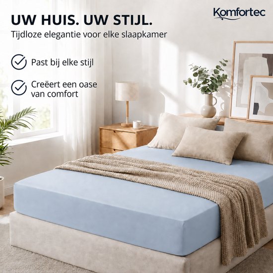 Een lichtblauw hoeslaken op een comfortabel opgemaakt bed in een stijlvolle slaapkamer. Creëert een oase van comfort.