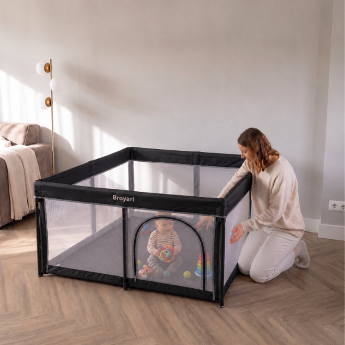 Broyari® Grondbox Baby 127x127 cm – Binnen 2 Seconden Inklapbaar – Inclusief Speelmat & 50 Speelballen – Opvouwbare Baby Speelbox – Kinderbox – Playpen – Zwart