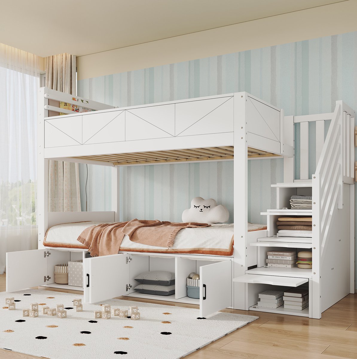 Wishdor - Stapelbed - 90x200 cm - met opbergtrede, kastvakken en uitvalbeveiliging - modern paneeldesign - kinderkamer - houtlook - wit