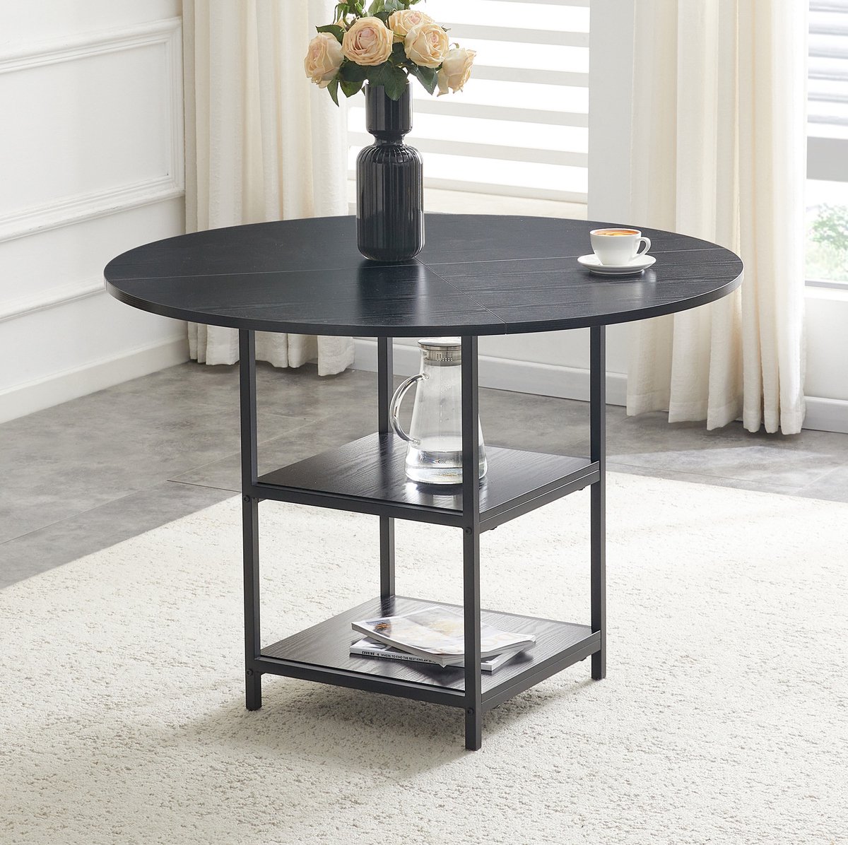 FloraGrace Eettafel - Ronde 107 Cm Tafel Met Dubbele Opbergniveaus - Industrieel Design Voor Eetkamer En Woonruimte - MDF En Metaal - Zwart