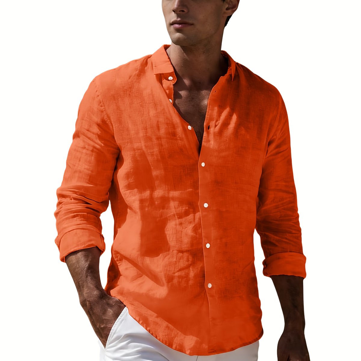 Currero Linnen Blouse Heren T Shirt Polo Overhemd Shirt Zomer Ibiza Stijl Oranjerood