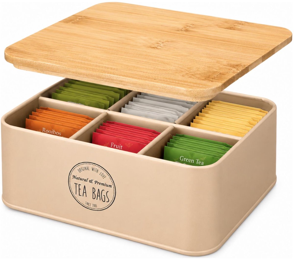 Kinvara Theedoos - beige - 6-vaks - metaal - 16 x 19 x 8 cm - met bamboe deksel - theebox