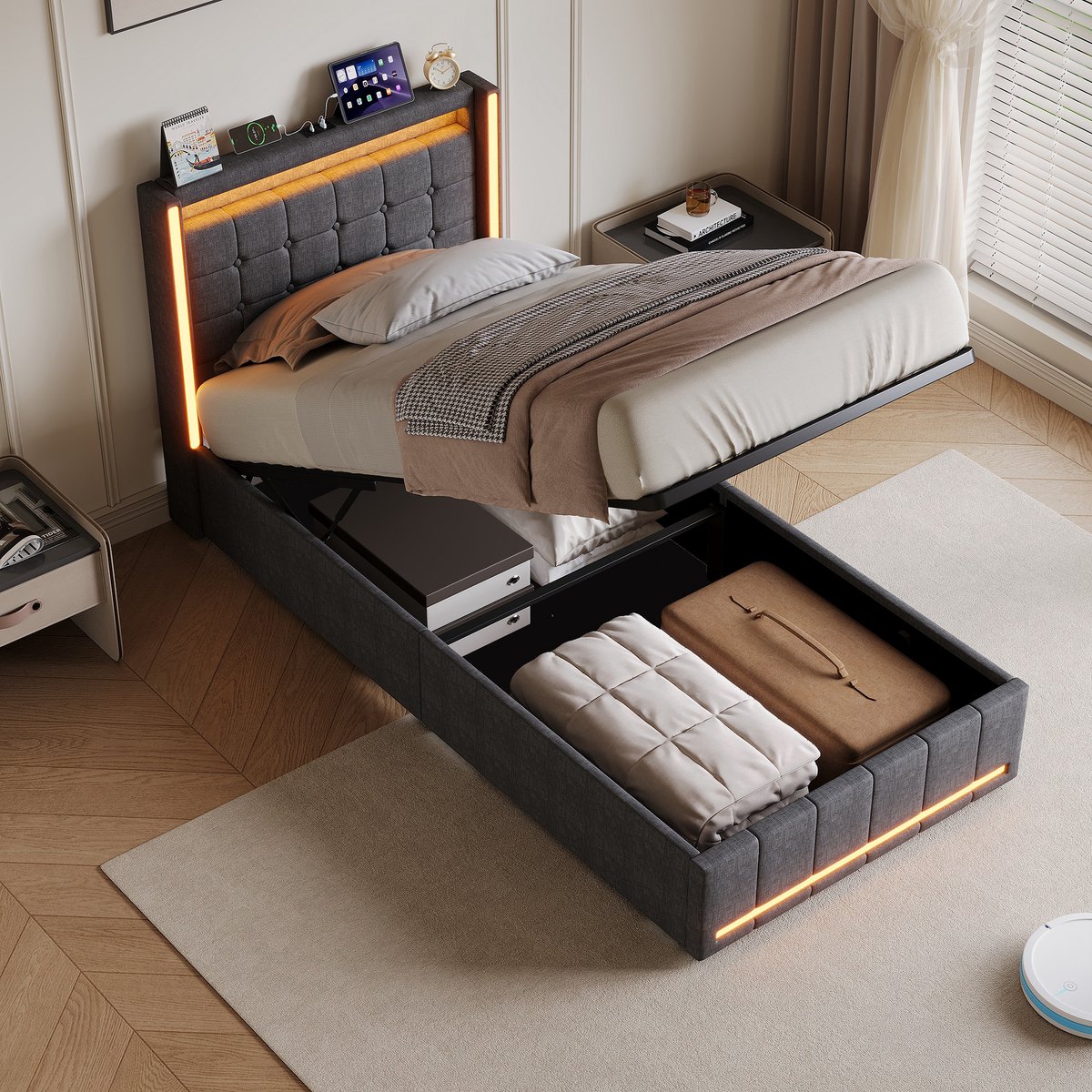Gestoffeerd bed van 90x200 cm, eenpersoonsbed met opbergruimte en ledverlichting, kinderbed/logeerbed, lattenbodem, met opbergbox, grijs, linnen, zonder matras