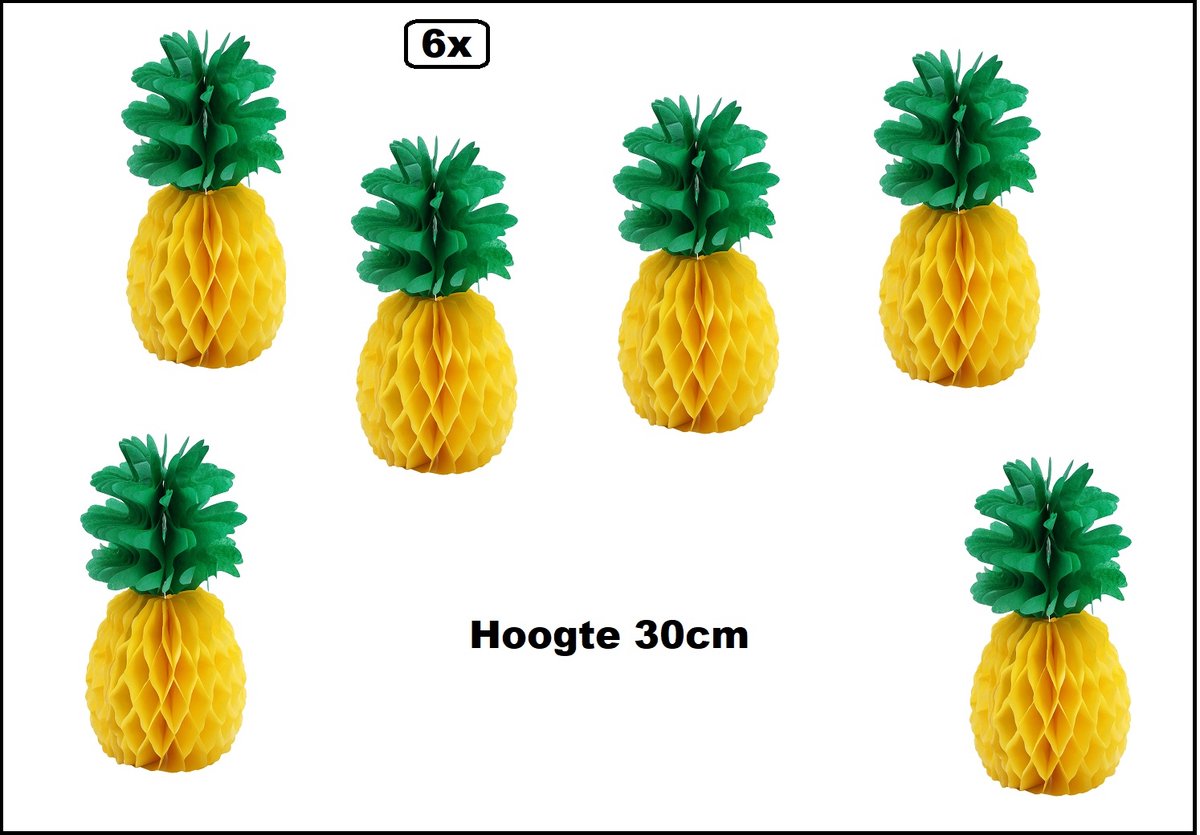 6x Tropical Honingraat Ananas 30cm x 7cm - Hawai party Aloha thema feest zomer Tropical Beach