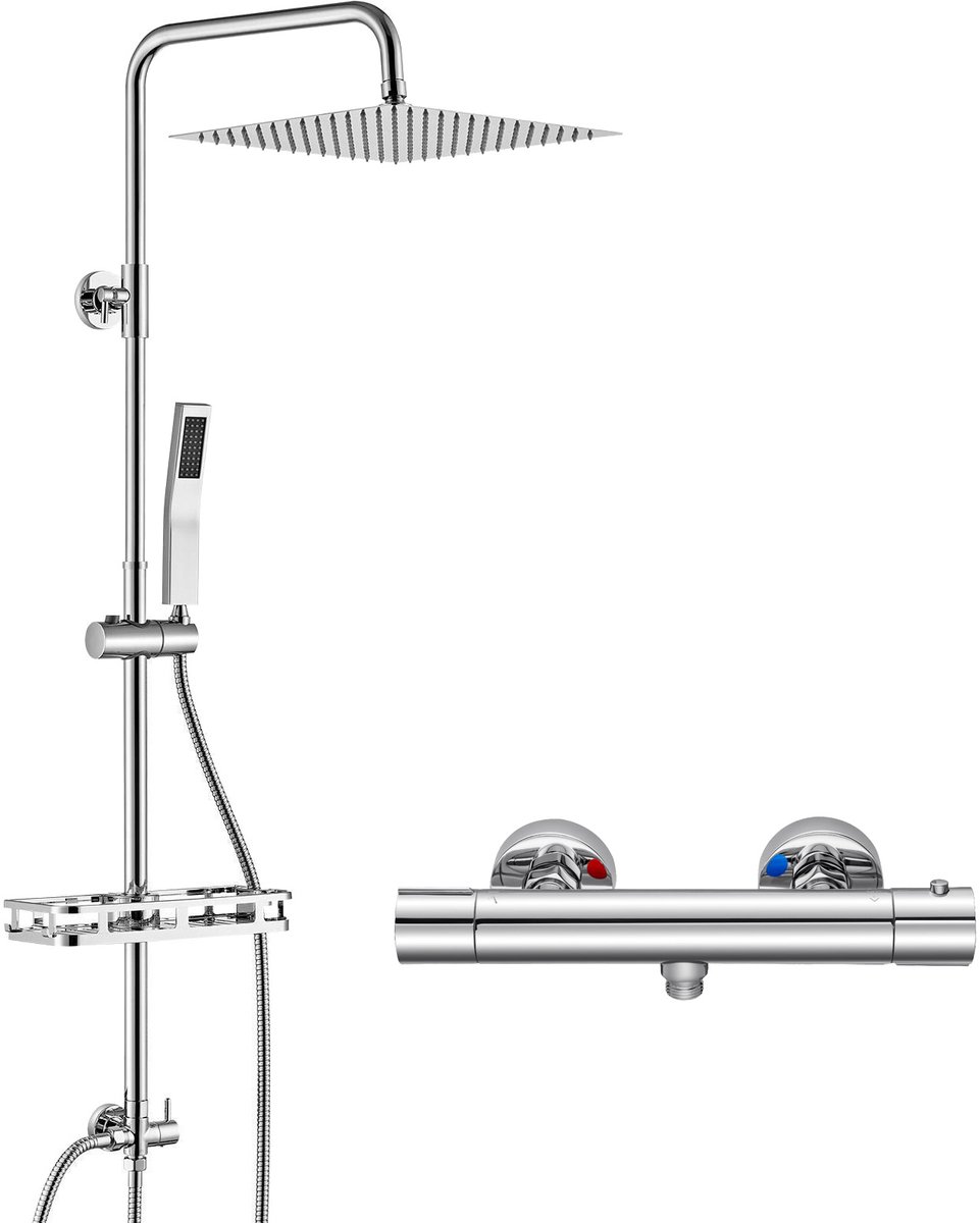 Auralum MAX Douchesysteem met Thermostaat - 10 inch Douchekop - Doucheset - Regendouche en Handdouche - Inclusief Thermostaatkraan en Planchet - Waterbesparend - Chroom