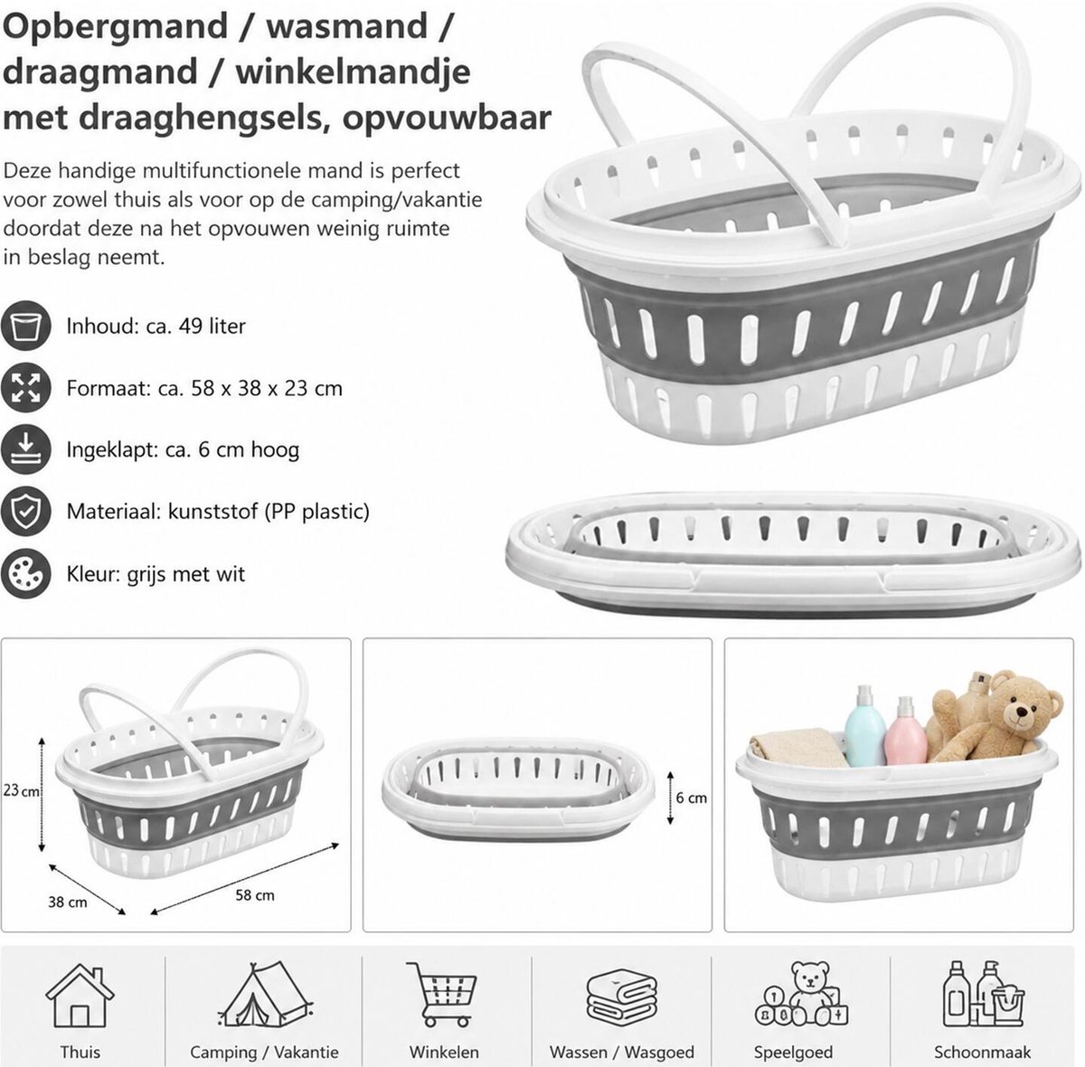 Kipit draagmand wasmand - opvouwbaar - kunststof - 49 Liter - grijs/wit - 58 x 38 x 23 cm - met hengsels - huishoud/camping — cadeau in Cadeau-ideeën - foto 4