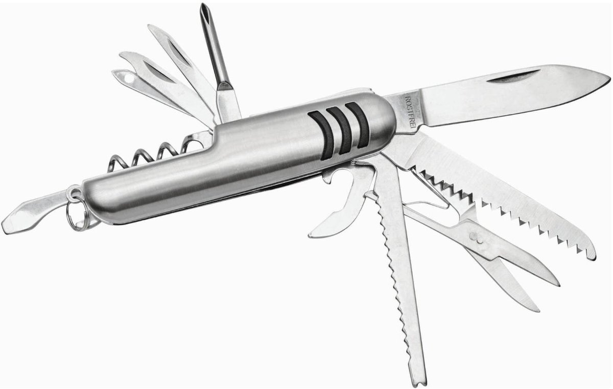 Bellatio Design Multifunctioneel zakmes - zilver - 11 functies - 10 cm - Zwitsers hobby en outdoor zakmes - gereedschap tool