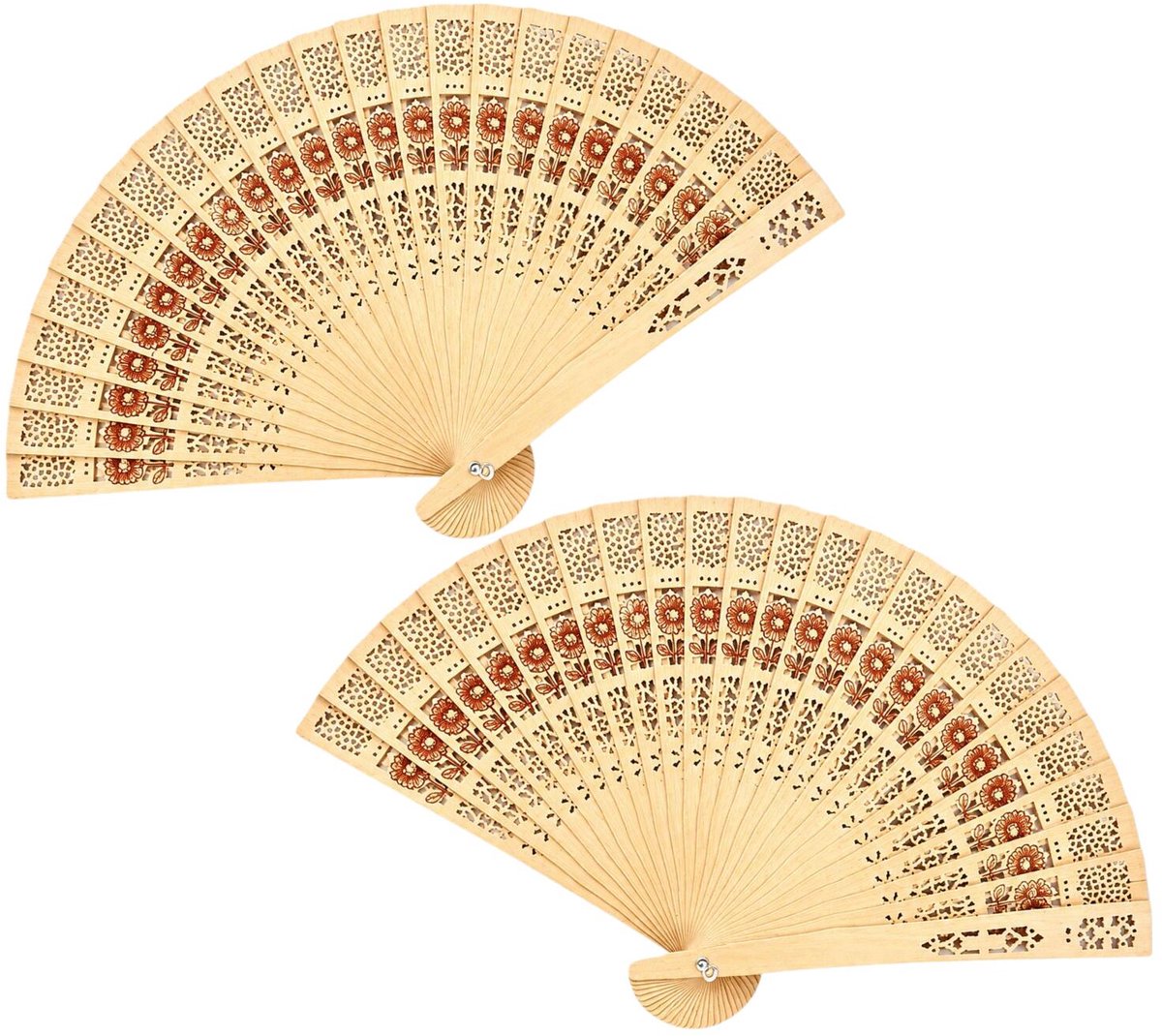 Bellatio Design Aziatische handwaaier - 2x - beige - bamboe/papier - 45 x 21 cm - Bloemen - Leven - Rust - Festival