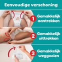 Instructies Pampers luierbroekjes: aantrekken, uittrekken en weggooien. Met afbeeldingen van handen en luier.